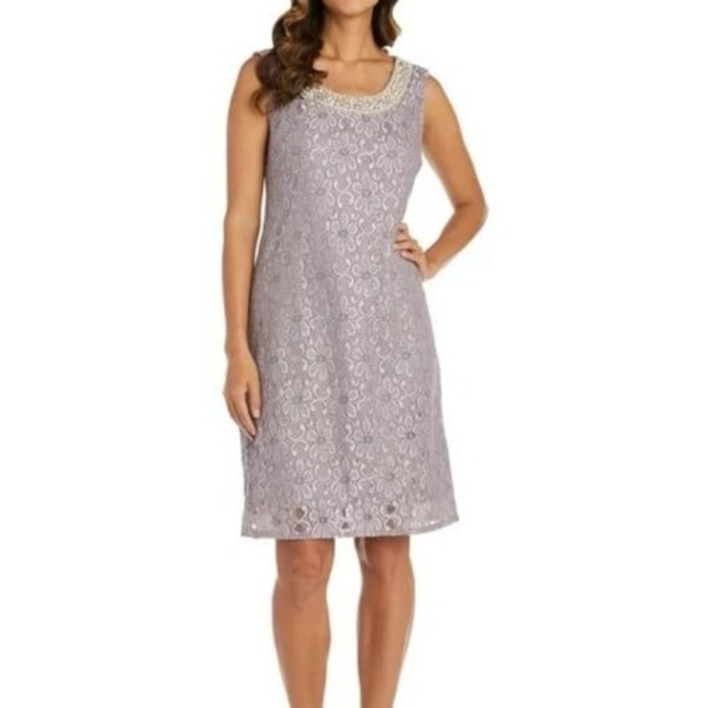 R&M Richards Silver Lace Dress with Beaded neckline detail Womens 14.